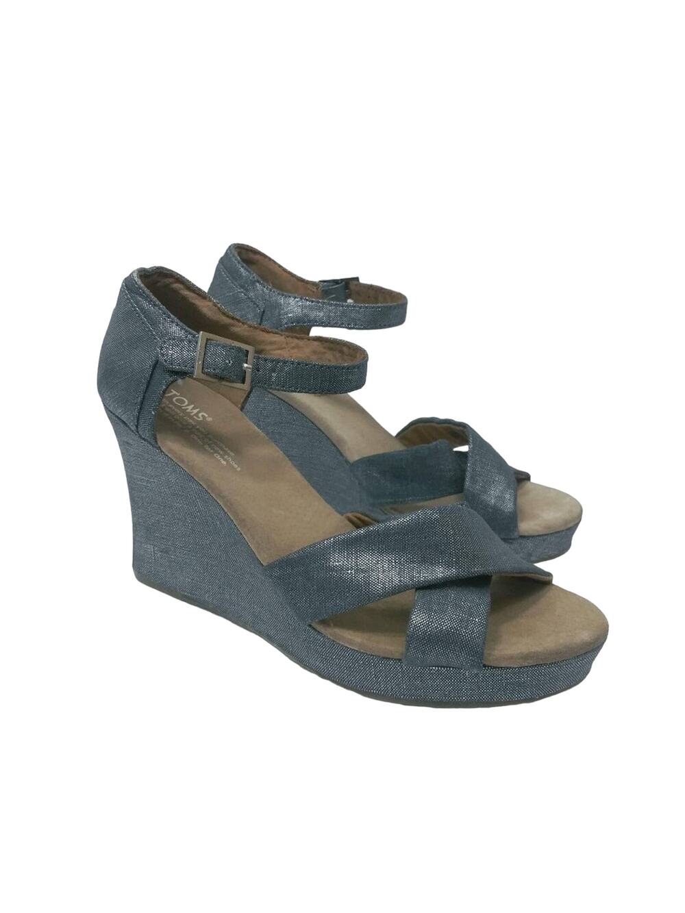 TOMS Sienna Denim Metallic Strappy Wedge Sandal Vacation Size 9.5